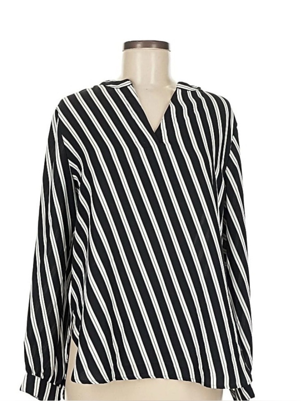 Anne Klein Black and White Vertical Stripe V-Neck Blouse